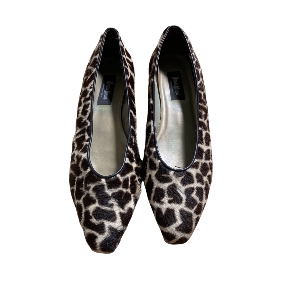 Neiman Marcus Elly Giraffe Print Calf Hair Pointed Toe Flats Italy 10 N Black